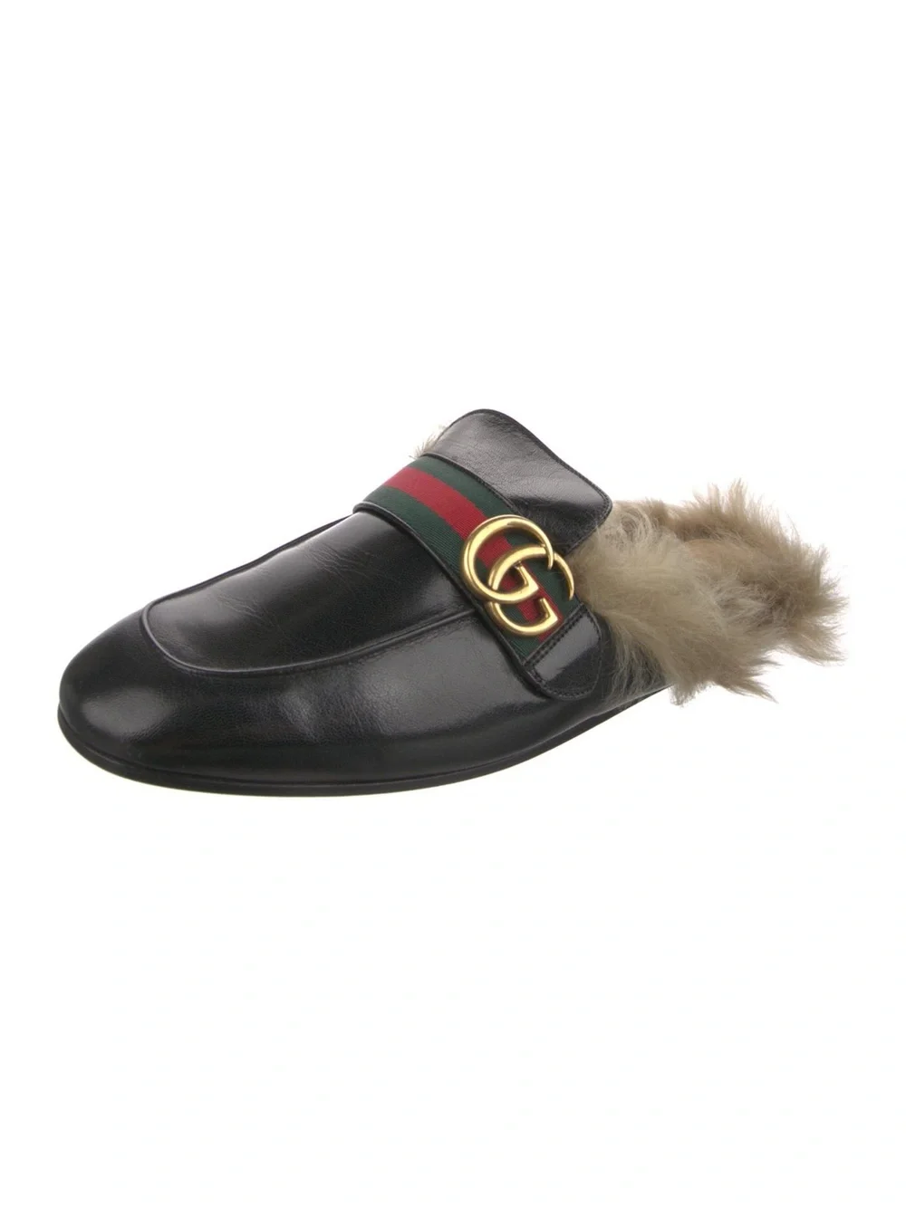 Gucci Black Leather Fur-Lined Mule with Green-Red Web & Gold Hardware